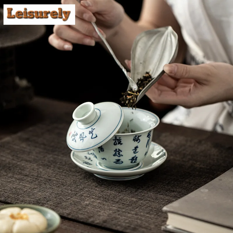 175ml Antique-style Green Glaze Handwritten Poetry Gaiwan Handmade Tea Tureen Tea Bowl With Lid Kit Tea Making Cover Bowl Craft
