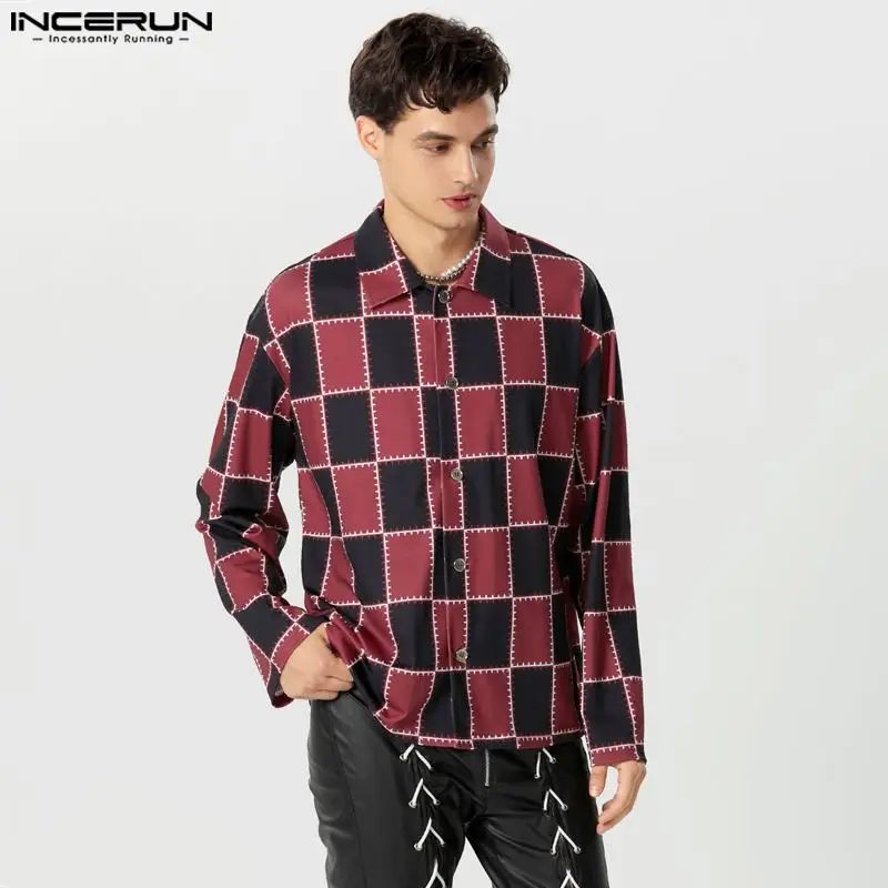 

INCERUN Men Casual Shirts Plaid Lapel Long Sleeve Button Loose Fashion Men Clothing Streetwear 2023 Color-block Leisure Shirt