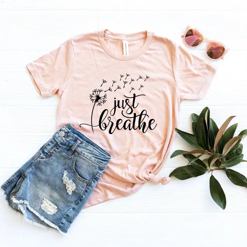 

Just Breathe Shirt Dandelion Silhouette Botanical Flower Yoga Relaxing Graphic Short Sleeve 100%Cotton Top Tee Funny O Neck