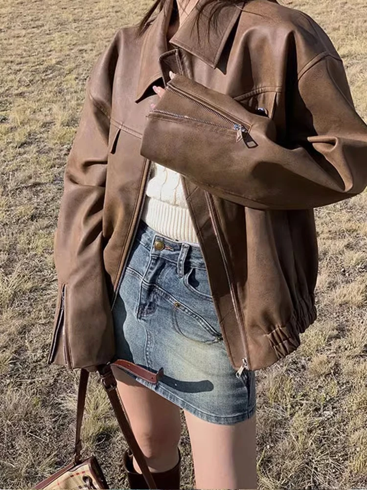 

American Autumn Faux Leather Jacket For Women Biker Coats 2023 Lapel PU Motorcycle Jackets Loose Streetwear Vintage Outerwear