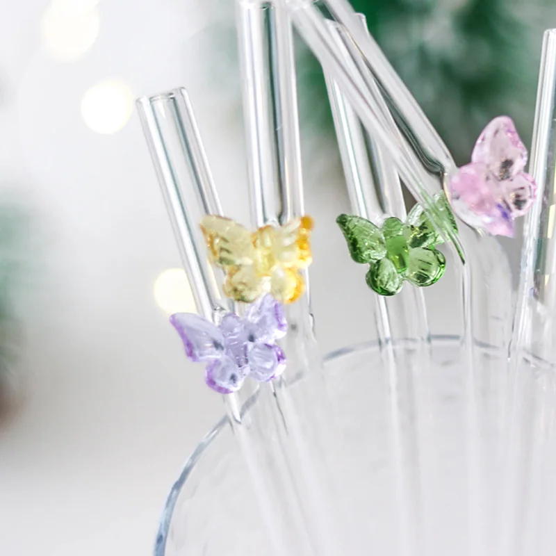 6 Pcs Glass Straws Shatter Resistant,Cute Green Turtle on Clear Straws With  Design 7.9in X 8mm Reusable Bent Drinking Straws with 2 Cleaning Brushes