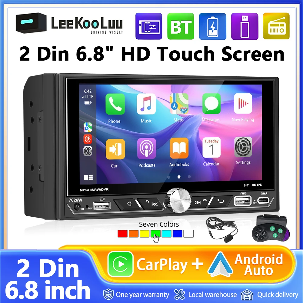 Leekooluu 2 Din 6.8" HD Touch Screen Monitor Universal Car MP5 Player Bluetooth FM Radio Receiver Wireless CarPlay/Android Auto