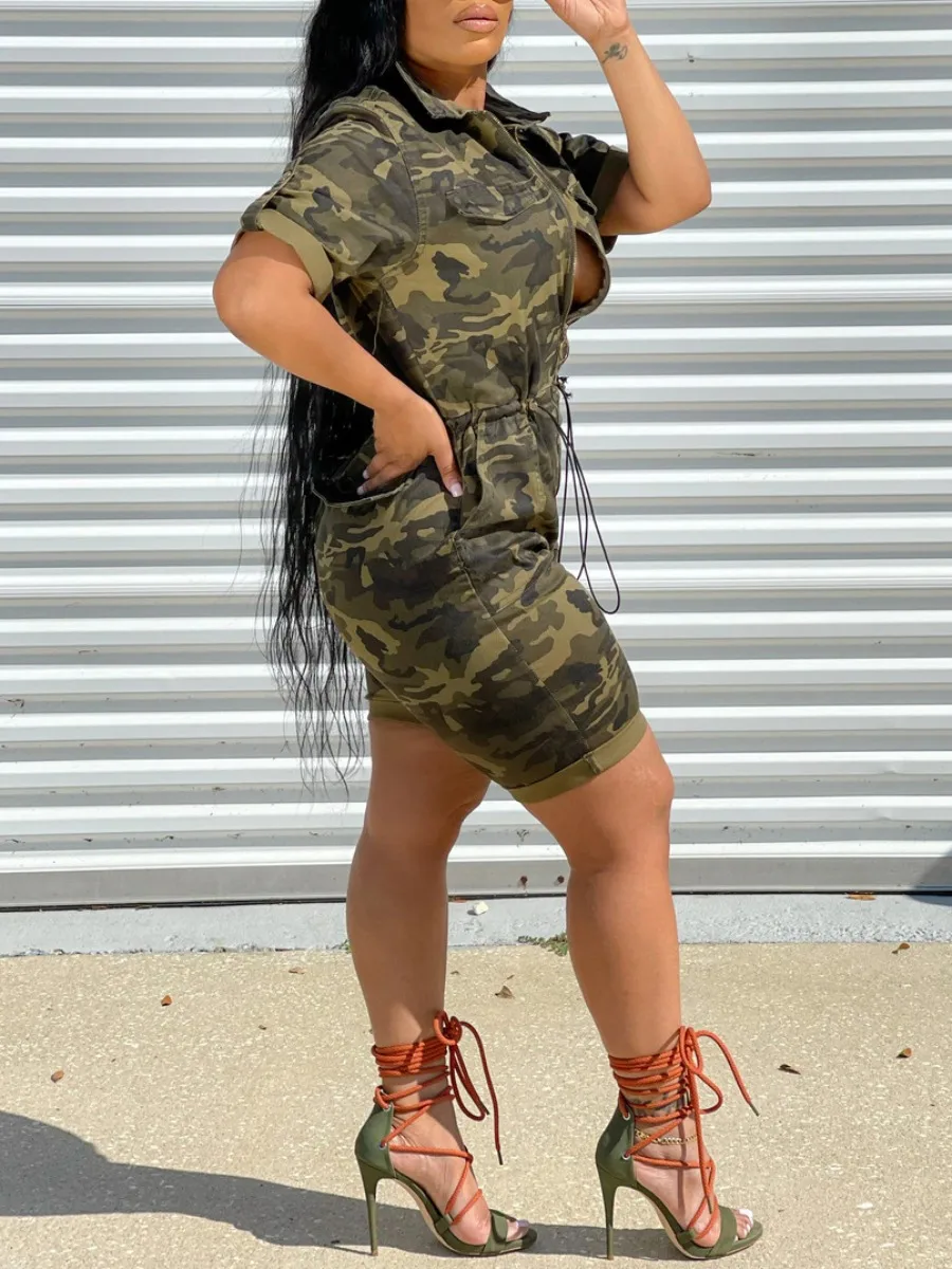 LW Plus Size jumpsuit Camo Print Drawstring Romper summer short sleeve Romper casual women's clothing large size Fashion jumpsui