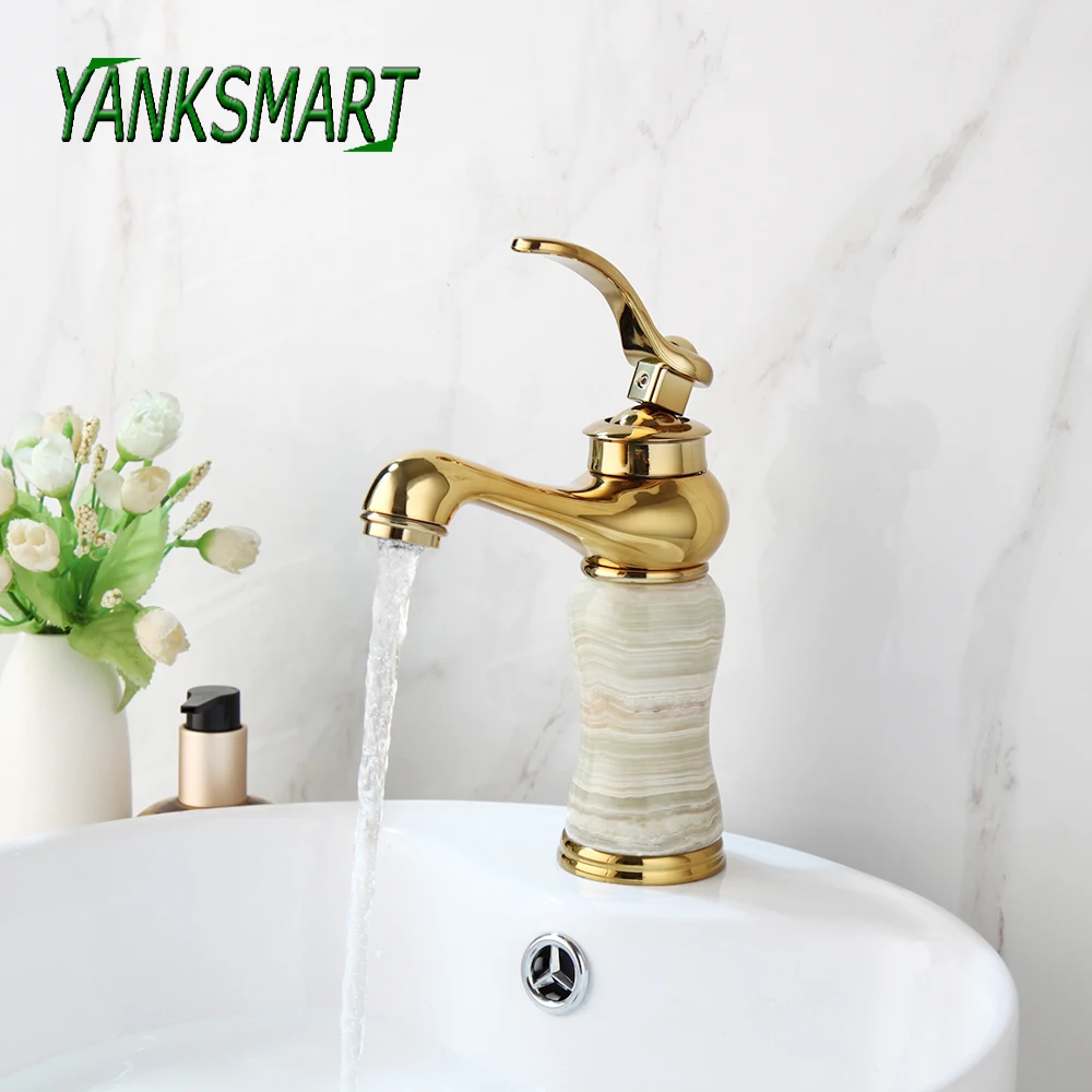 

YANKSMART Luxury Gold Polished Brass Ceramics Bathroom Single Handle Vessel Sink Basin Deck Mounted Faucet Mixer Water Tap