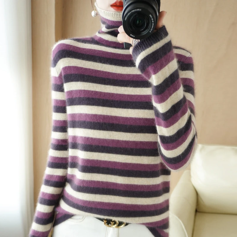 

2022 Autumn Winter Striped sweater women turtleneck cashmere sweater knitted pullover women sweater fashion Striped sweaters