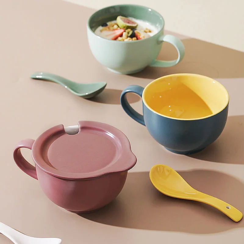 

Japanese Style Ceramic Mug with Lid Creative Breakfast Cup Household Cereal Milk Cup Yogurt Mug Large Capacity