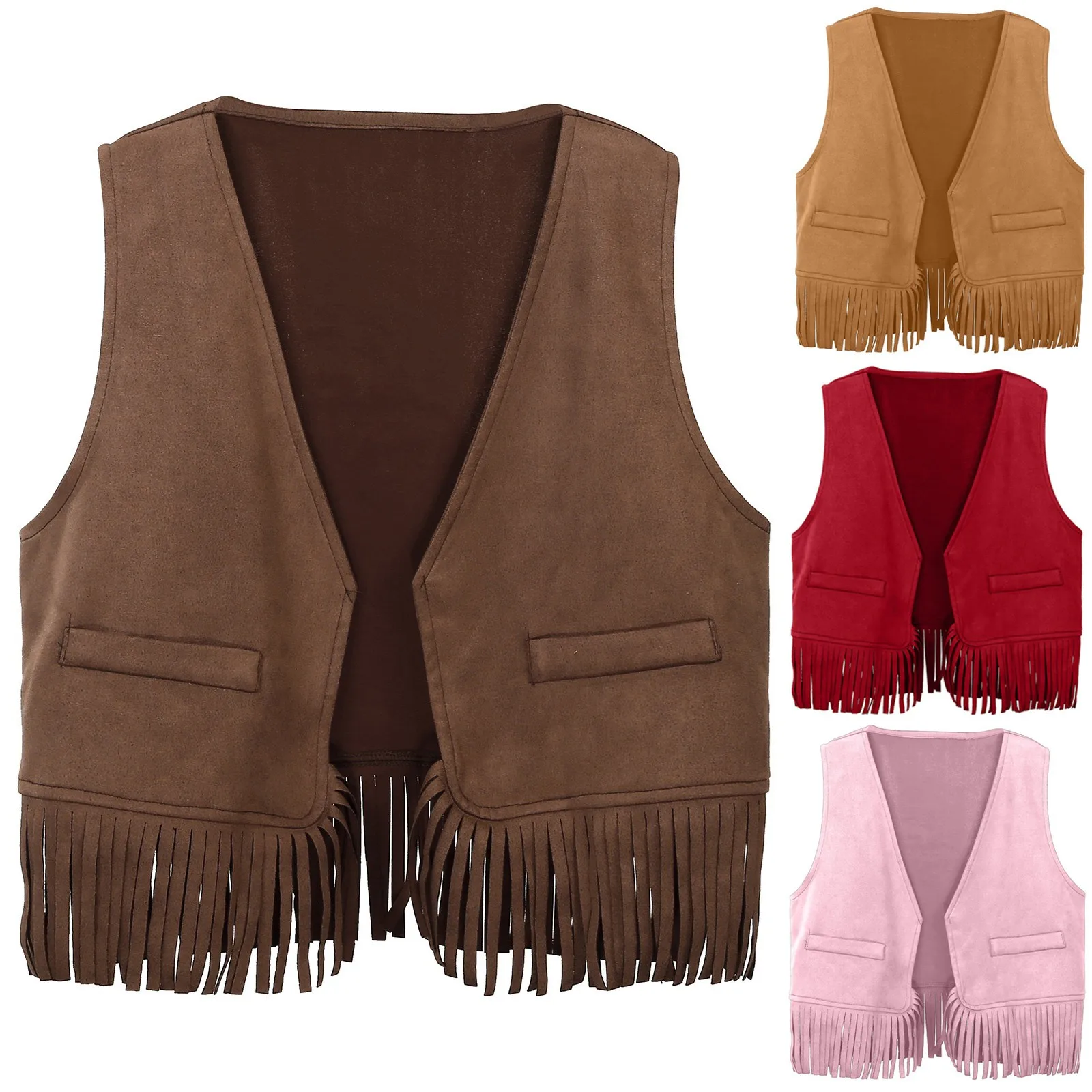 UNITIM 2026 어린이 빈티지 스웨이드 조끼 십대 소녀 카우보이 태슬 민소매 재킷 오픈 프론트 인조 가죽 가디건 레이브 의상