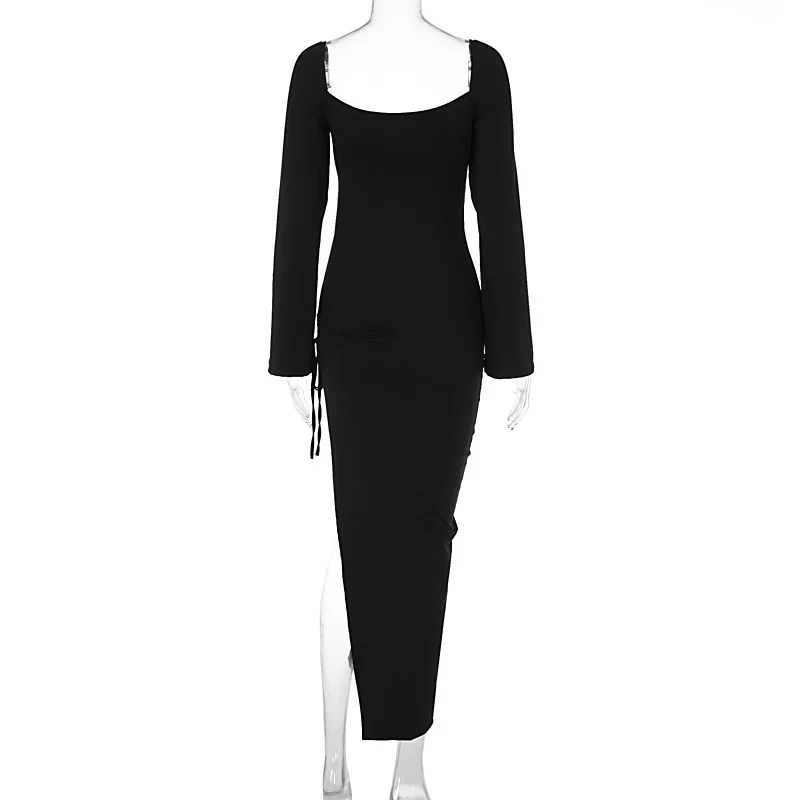 Autumn/Winter Women's New Long Sleeve Dress Lace up Slim Fit Open Back Bodycon Long Dress Party Club Clothing