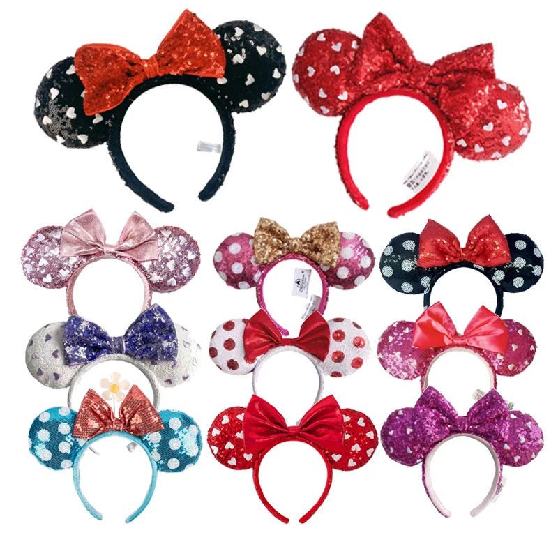 2024 Mickey Mouse Ears Headband Disney Black White Red Heart Hairband Adult/Child Leather Plush Sequin Cosplay Girls Accessories