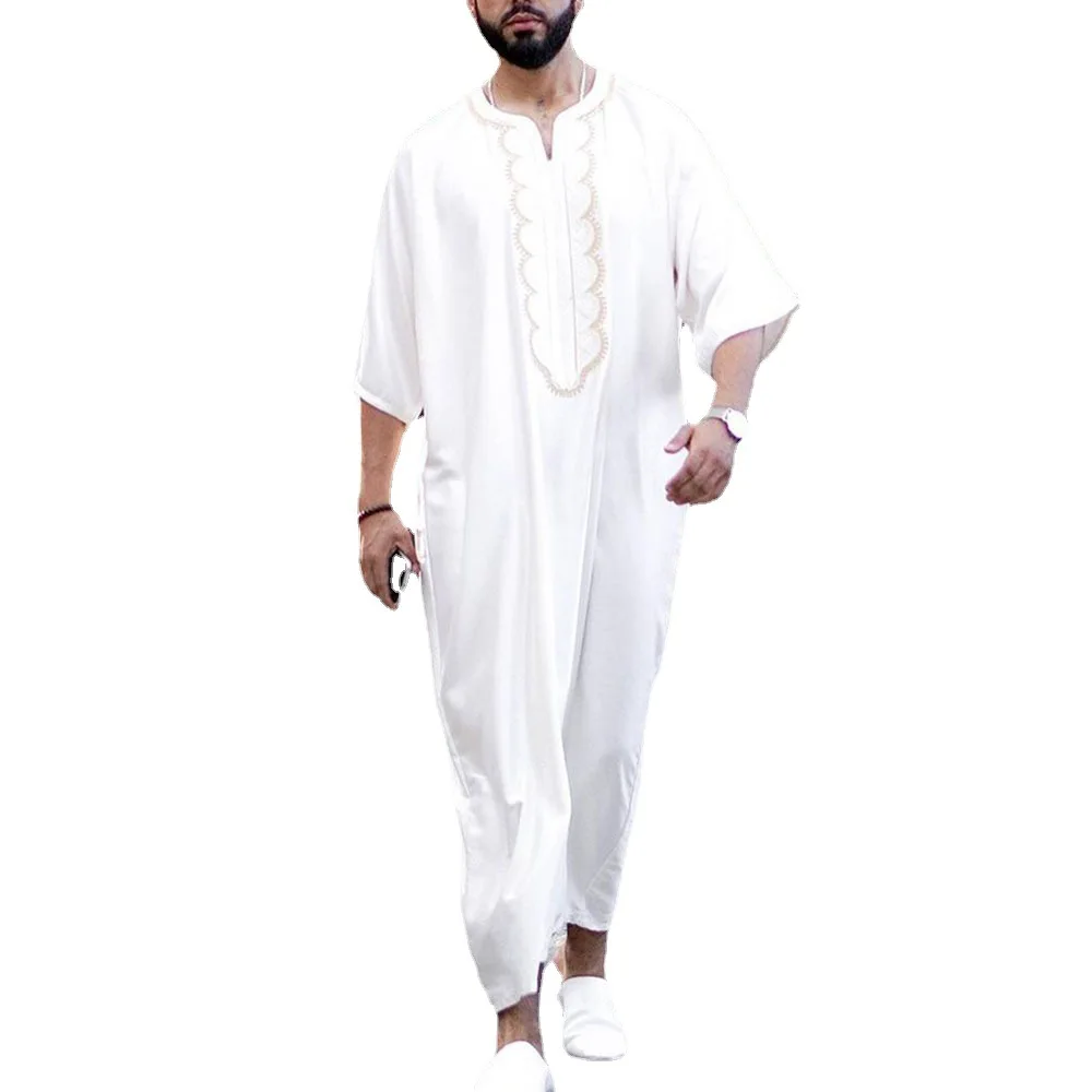 Ethnic Style Loose Fitting Robe Collarless Casual White Islamic Clothing Fashion Muslim Robe Kaftan Ropa Islamica Hombre  Arabic
