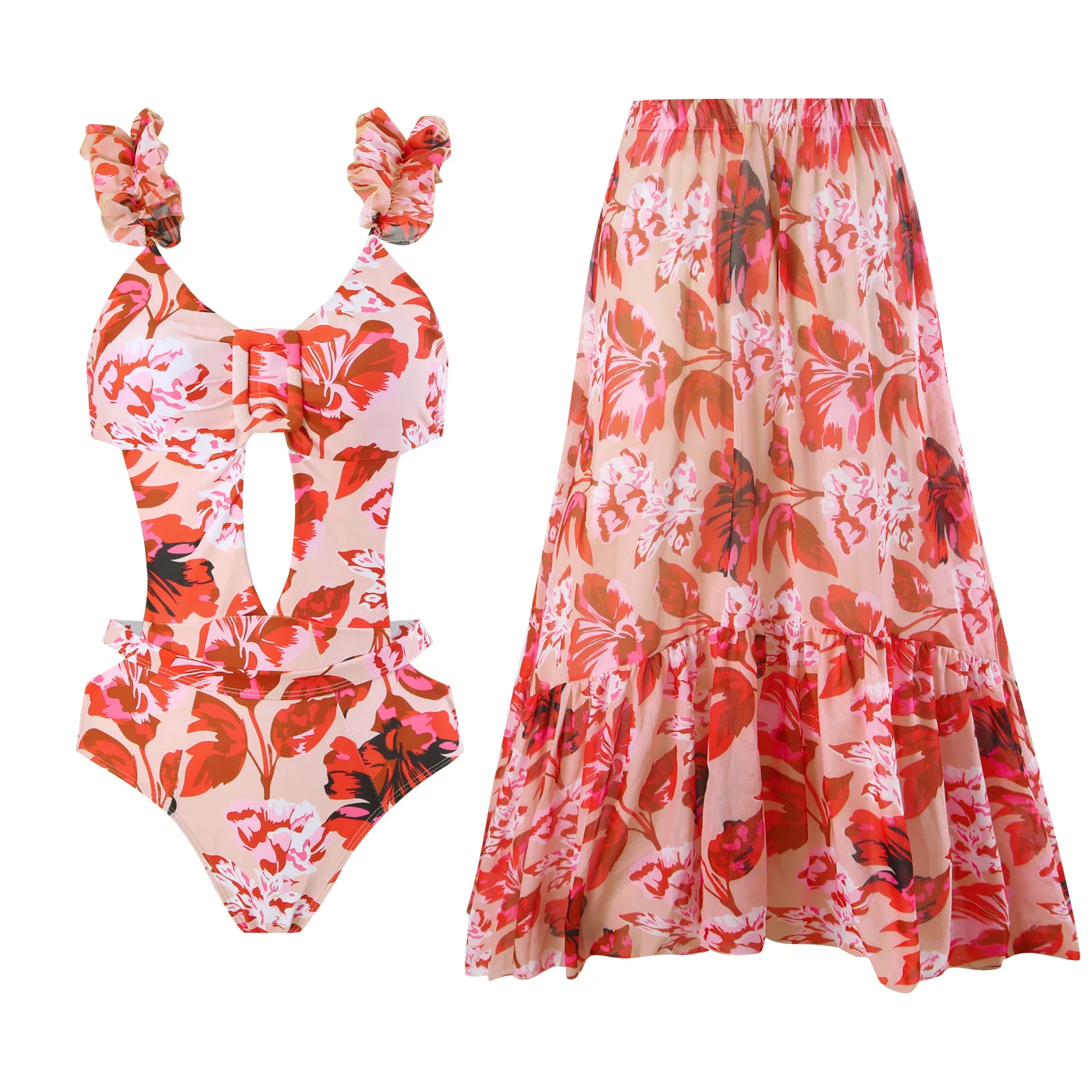 

Женский слитный купальник 2023 с цветочным принтом, бикини, юбка-саронг, накидка с оборками, купальный костюм с открытой спиной