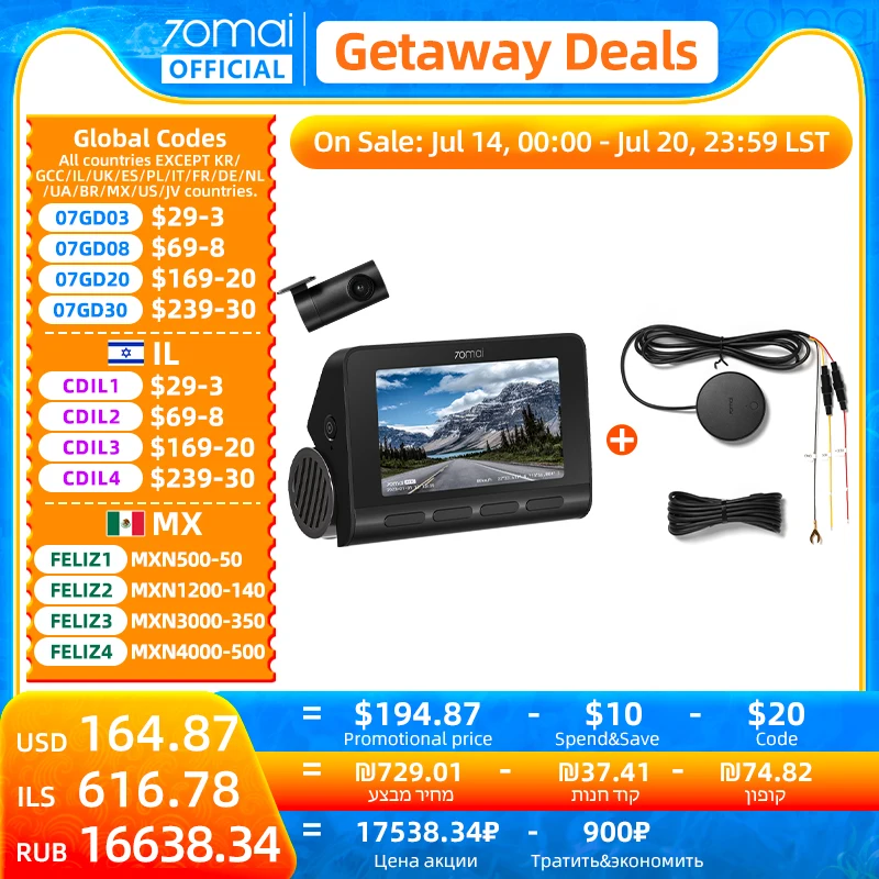 

70mai 4K Dash Cam A810 Комплект задней камеры с модулем 4G UP04 Пульт дистанционного управления GPS ADAS 70mai Автомобильный видеорегистратор A810 HDR 60FPS 24H Парковочный монитор