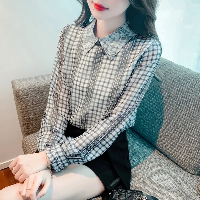 

Autumn Long Sleeve Blouse Elegant Fashion Lace Turn Down Collar Shirt Women Plaid Tops Office Lady Loose Clothes Blusas 28951