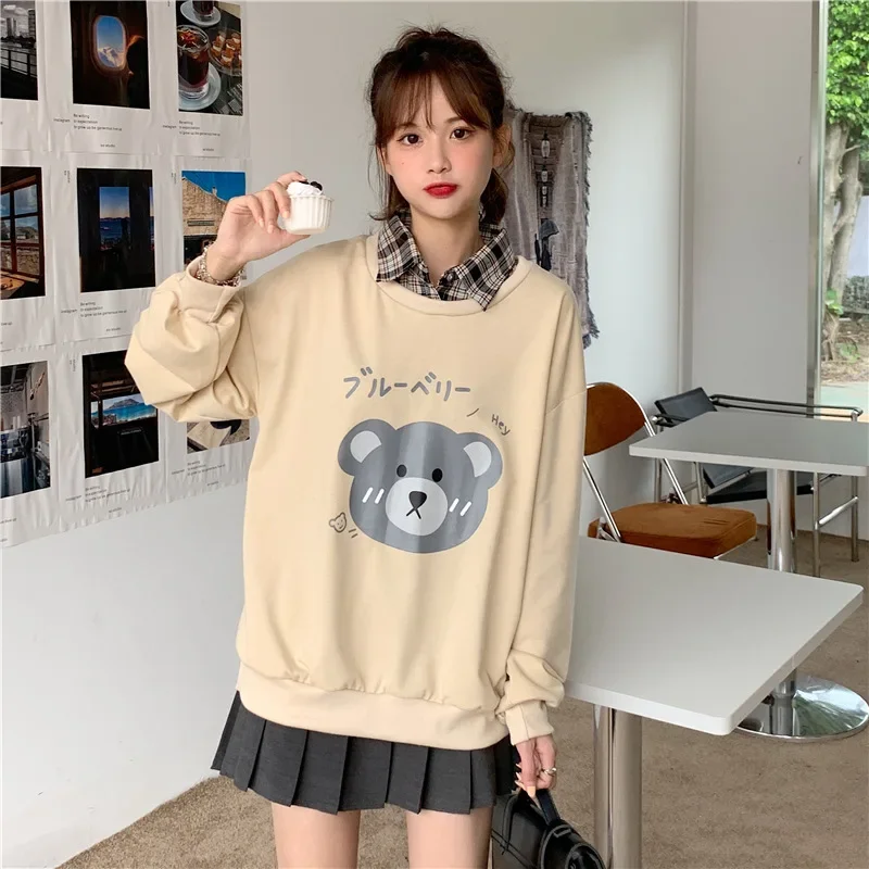 Teddy Bear Fake Two Piece Women Sweatshirts Spring Autumn Cute Cartoon Long Sleeve Lapel Pullover Preppy Style Green Sweatshirts women s hoodies sweet cute cartoon print fake two piece turndown collar sweatshirt 2020 fall new loose long sleeve pullovers