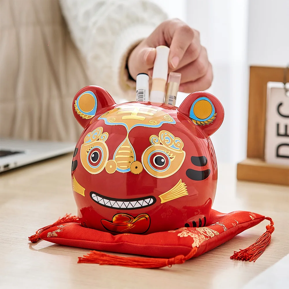 Tiger Statue Pen Holder Ceramic Sculpture Bedroom Study Decoration Accessories Animal Model Figurines Modern Home |