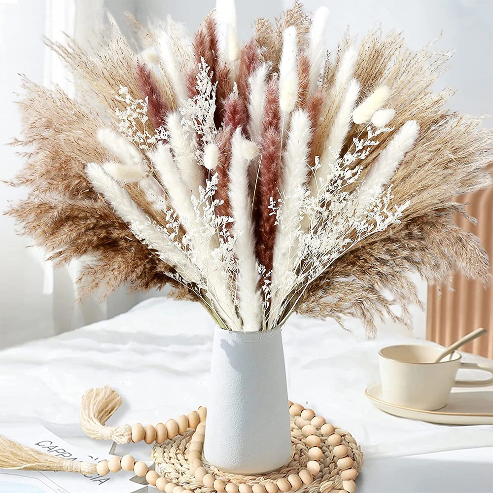 

80Pcs/set Pampas Grass Mix Bouquet Decor Wedding Arrangement Phragmites Dried Flowers Fluffy Pompous Grass for Boho Home Decor