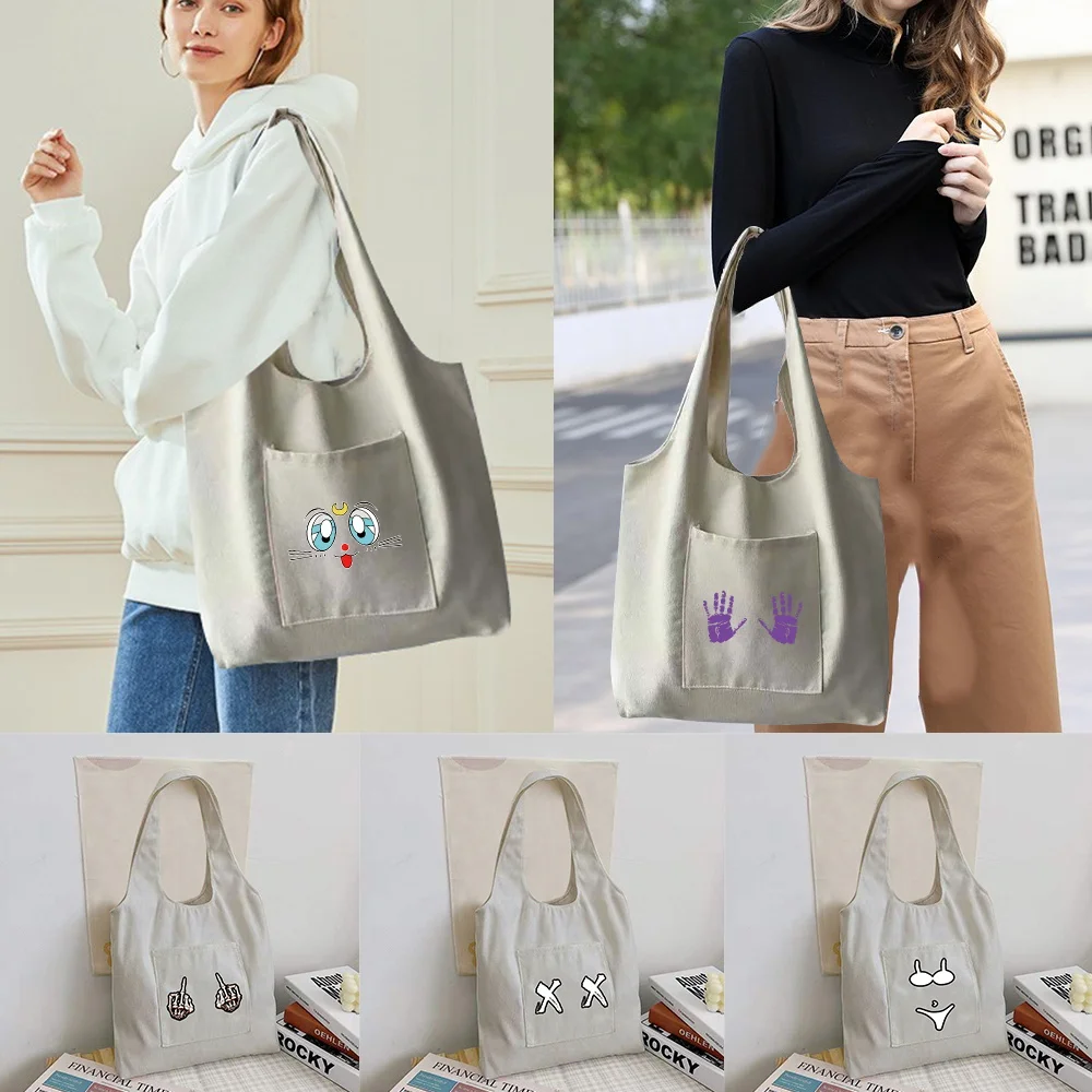 

Shopping Bag Foldable Student Canvas Shoulder Bag Chest Printed Ladies Shopper Bag Travel Tote Work Handbag Organizer