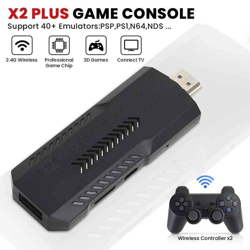 New  X2 Plus Game Stick 4K HD Video Game Console 2.4G Double Wireless Controller Game Stick For N64/PSP/PS1/GBA