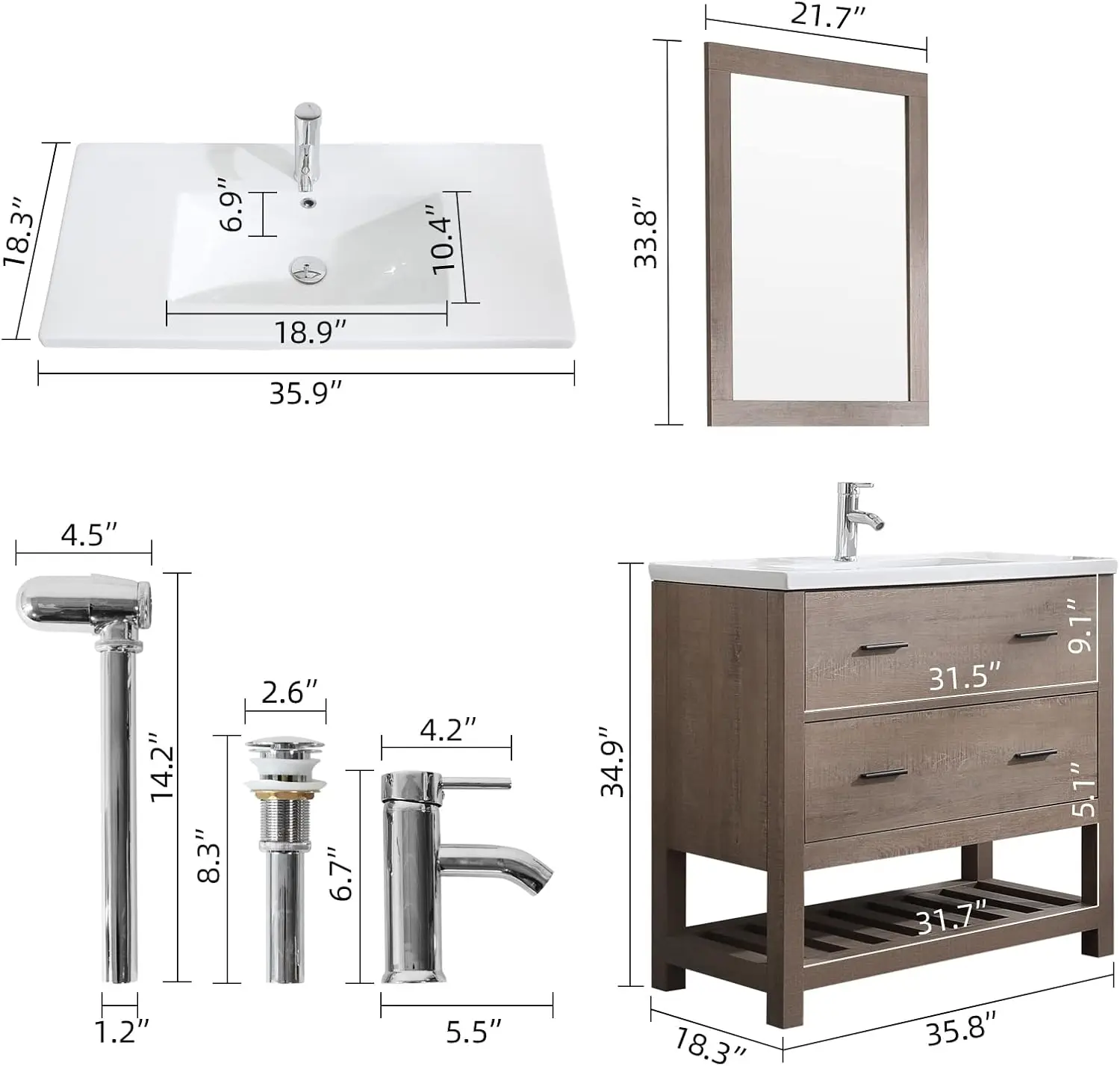 36’’ Bathroom Vanity with Sink Freestanding Cabinet Set Design Resin Basin Undermount Sink 2