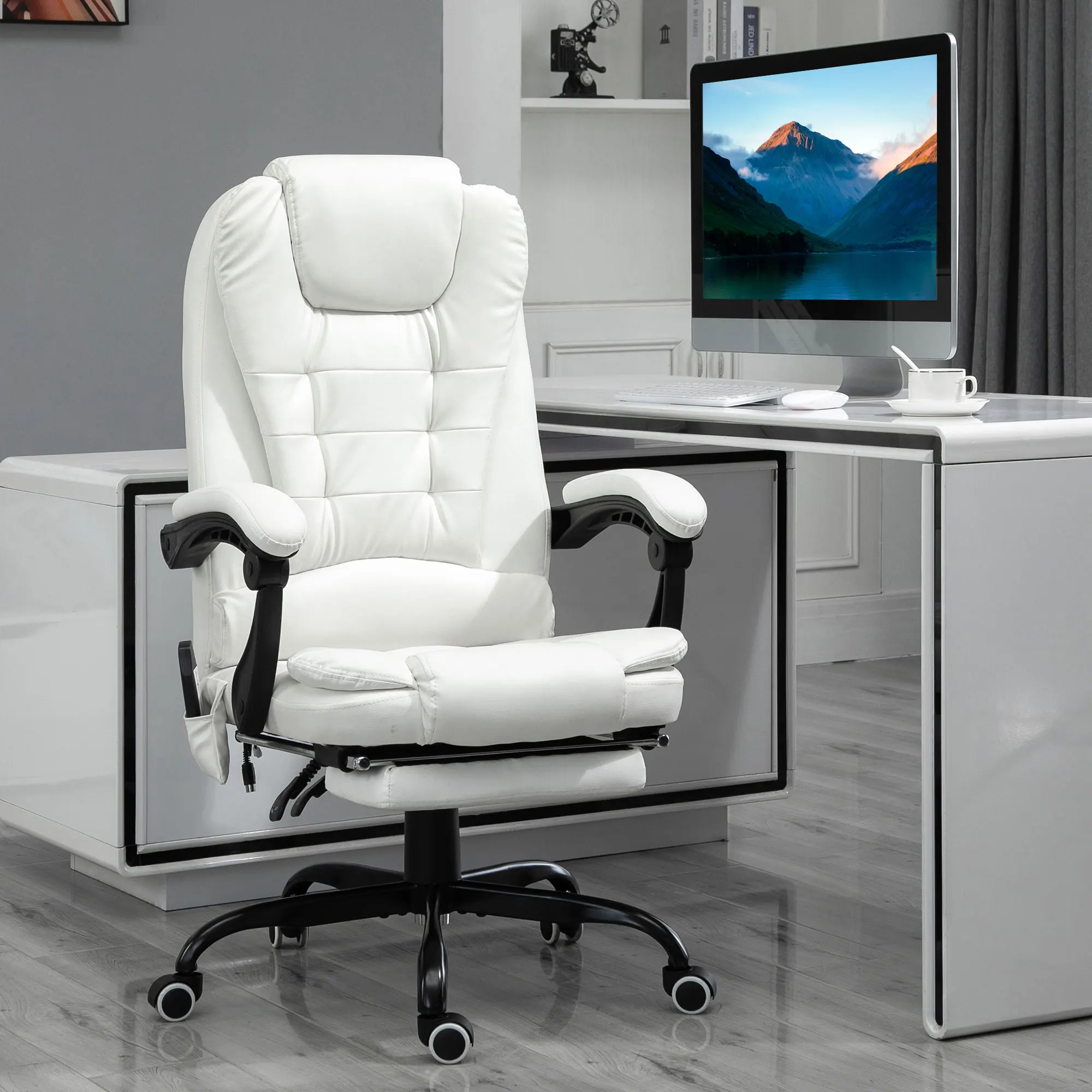 7-Point Vibrating Massage Office Chair High Back Massaging Office Desk Chair with Lumbar Support, Footrest, White 2