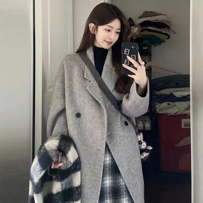 

New Medium And Long Knee-length Small Fragrant Woolen Coat for Women's High-grade Loose Grey Woolen Coat in Autumn And Winter
