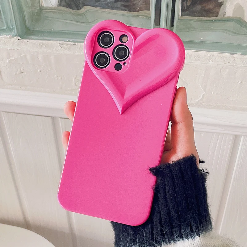 thumbnail image 1 of 3D Love Heart Cute Phone Case For iPhone 14 11 12 13 15 Pro Max X XR XS 7 8 Plus Candy Color Solid Soft Silicone Tpu Back Cover, 1 of 5