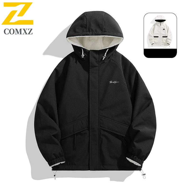 COMXZ Men Reversible Sherpa Jacket Waterproof Windproof Mountain Climbing Coat Winter Thickened Fleece Outdoor Sports Hood Parka