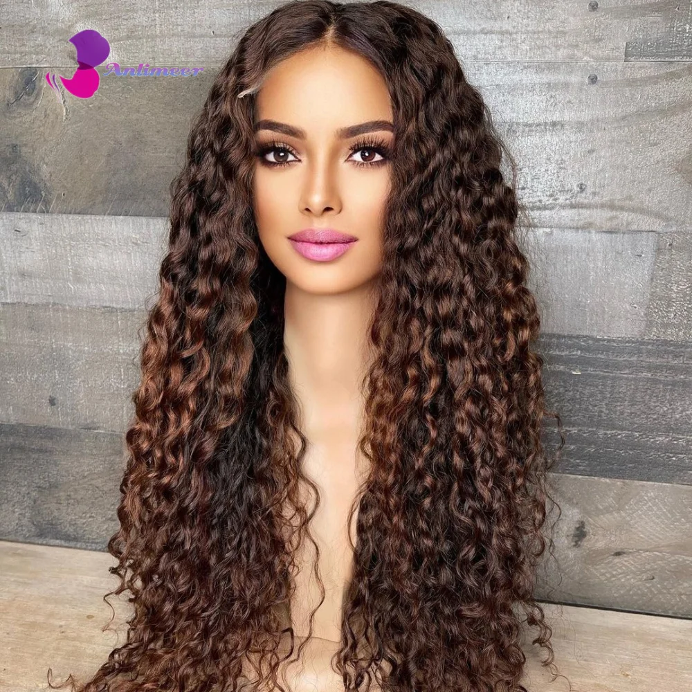 Highlight Chocolate Brown Lace Front Wig Human Hair Water Wave 4/30# Color Silk Base Lace Frontal Human Hair Wigs for Women