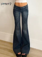 Weekeep Streetwear Low Rise Flared Jeans y2k Vintage Slim-fitting All-match Blue Denim Pants 2000s Casual Women's Jeans Harajuku 1