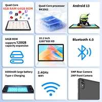 New 4GB RAM 64GB ROM Type-C 10.1" Android 13 Tablet 6000mAh 1280 x 800 IPS RK3562 Quad-Core CPU Dual Camera 2