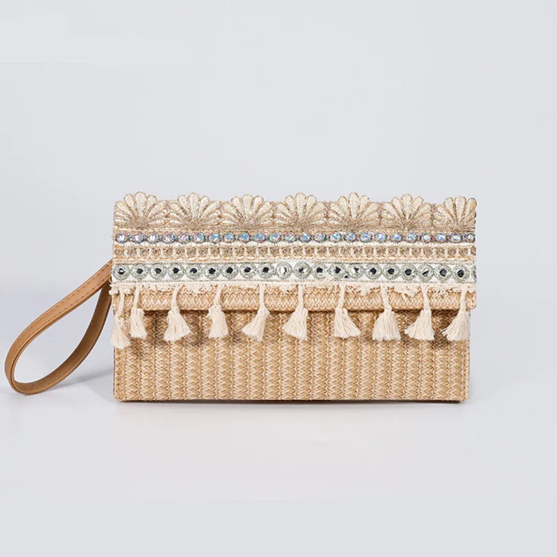 Rhinestone Tassel Straw Clutch Woman Fashion Woven Dinner Clip Bag Clutches Women's Summer Casual Vacation Phone Bag Coin Purse
