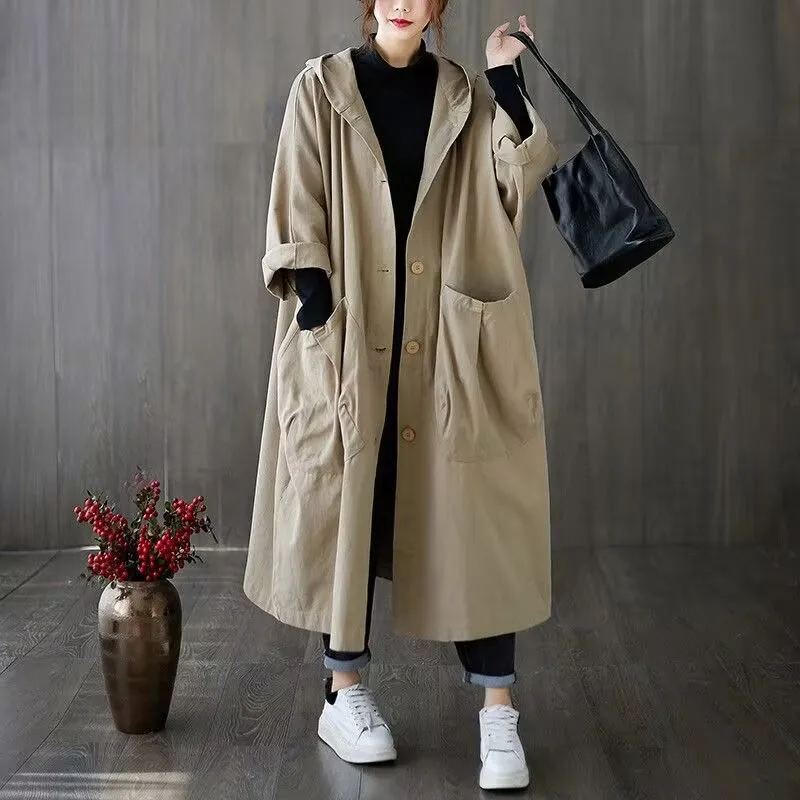 Oversized Spring And Autumn Trench Coat Women's New Korean Loose Versatile Hooded Windbreaker Women's Long Coat B Pocket Jacket