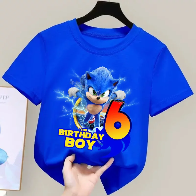 Kids Blue Sonic Birthday Cartoon T-Shirt – Short Sleeve Anime Gift Tee