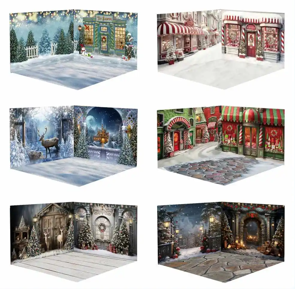 

Mehofond Christmas Room Backdrop Outdoor Snow Candy Shop Xmas Forest Trees Children Portrait Photography Family Photo Background