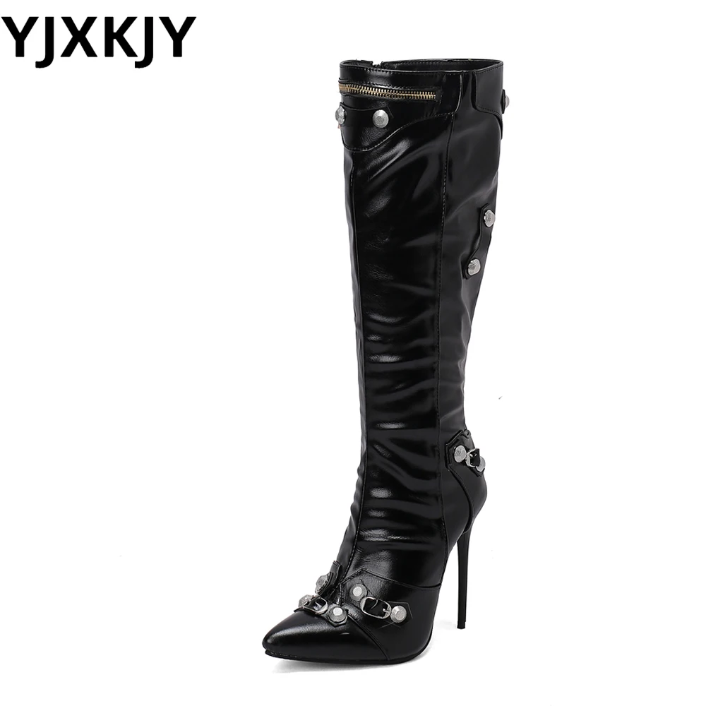 

ZZYJ 2023 Autumn New Product Arrival Europe America Fashion Metal Rivet Pointed Zipper High Heel Knight Boots Motorcycle Boots