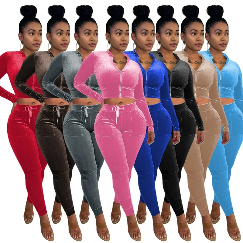 Groups Of Pant Autumn Velvet Tracksuit Two Piece Set For women Long Sleeve Zipper Crop Top And Drawstring Jogger Y2k Clothing cartelo brand men clothing men s tracksuit waffle fabric cardigan zipper jacket sweatpants two piece set leisure sportswear