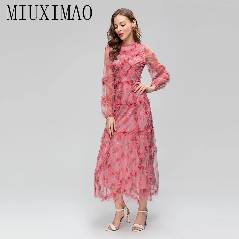 

Осеннее длинное платье MIUXIMAO 2023, повседневное длинное платье с красным цветочным принтом и длинным рукавом, женские платья, газовое женское платье с оборками