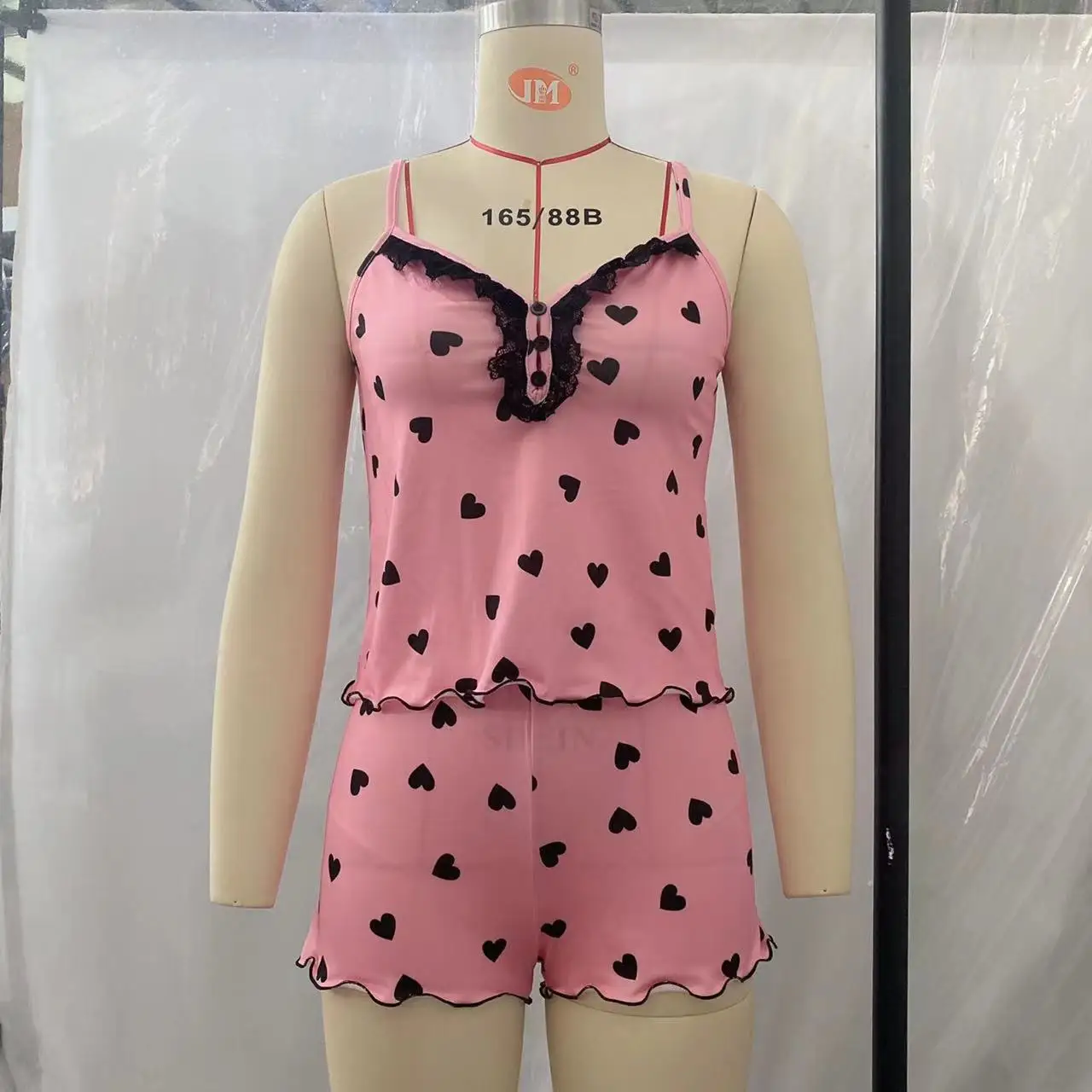 2Pcs Pajama set Sexy Fashion Heart Print Women Pajamas Set Deep V-Neck Tops Pants/Shorts Pajama Suit Ladies Sleeveless Nightwear