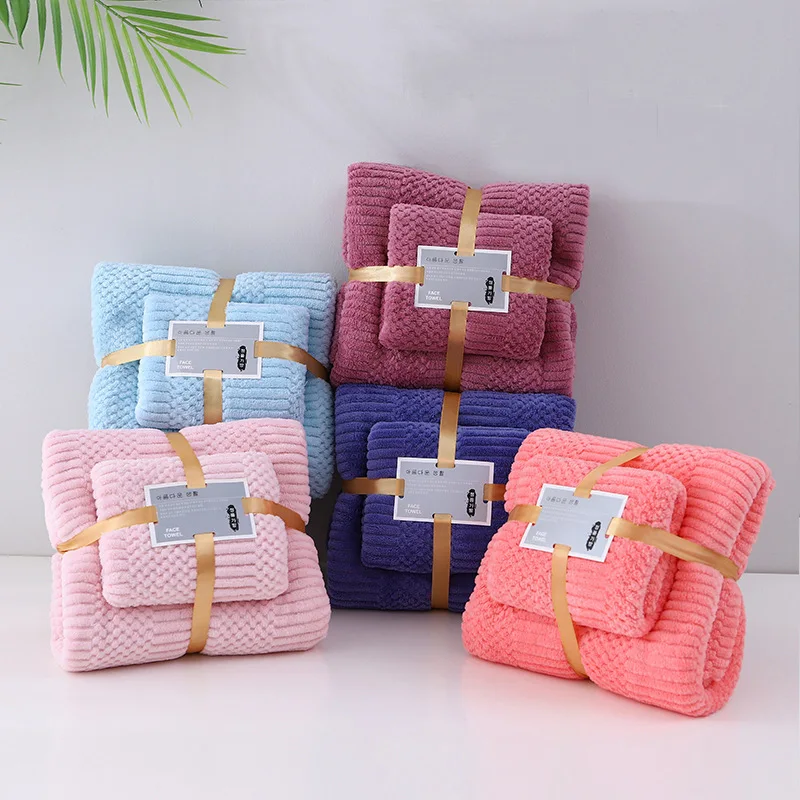 

2pcs/Set Towel High Absorbent Soft Coral Fleece Bath Towel And Face Towels Set Beach Towel For Adults Kids 70x140cm 35x75cm