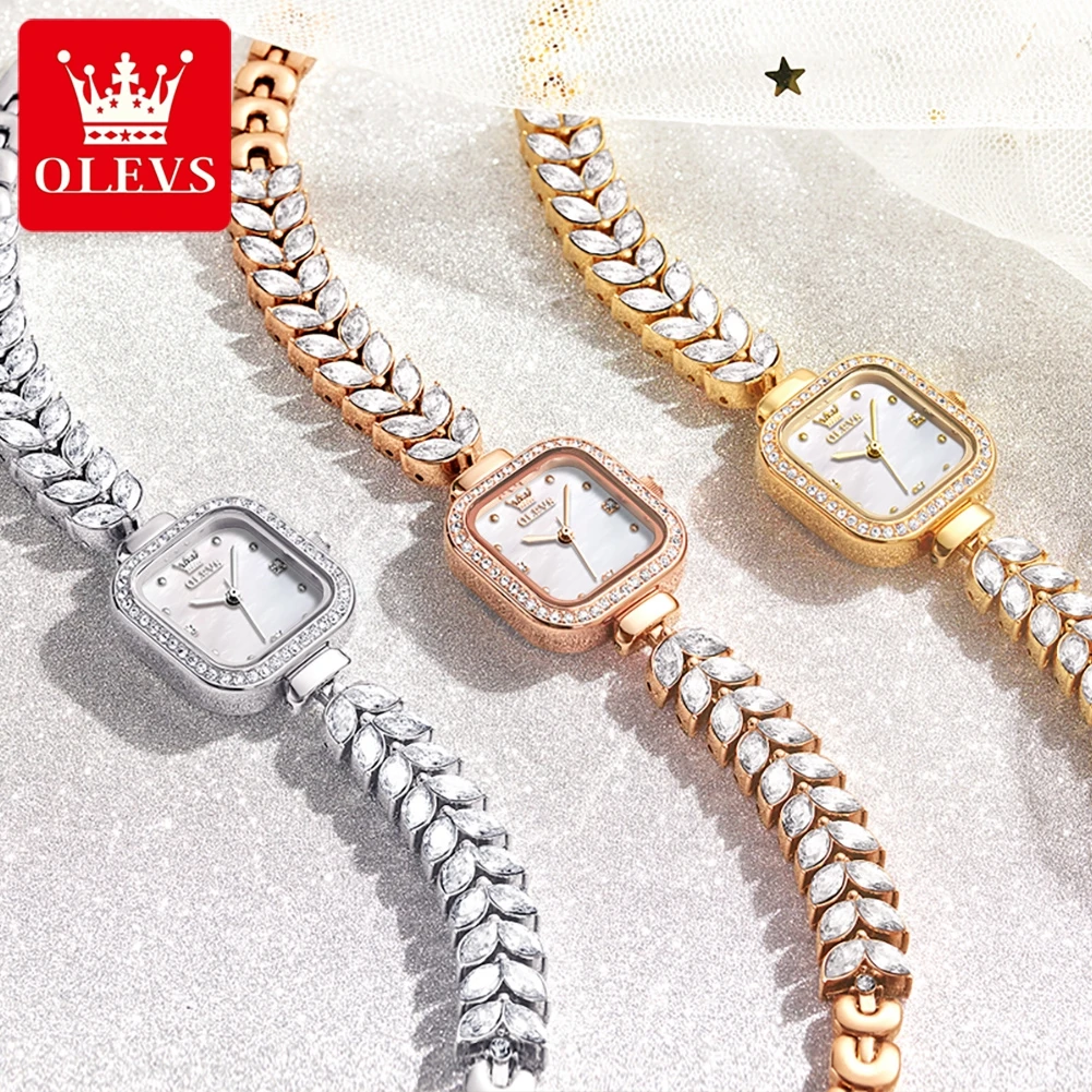 OLEVS Brand New Luxury Diamond Crystal Quartz Watch for Women Stainless Steel Waterproof Fashion Bracelet Square Watches Womens
