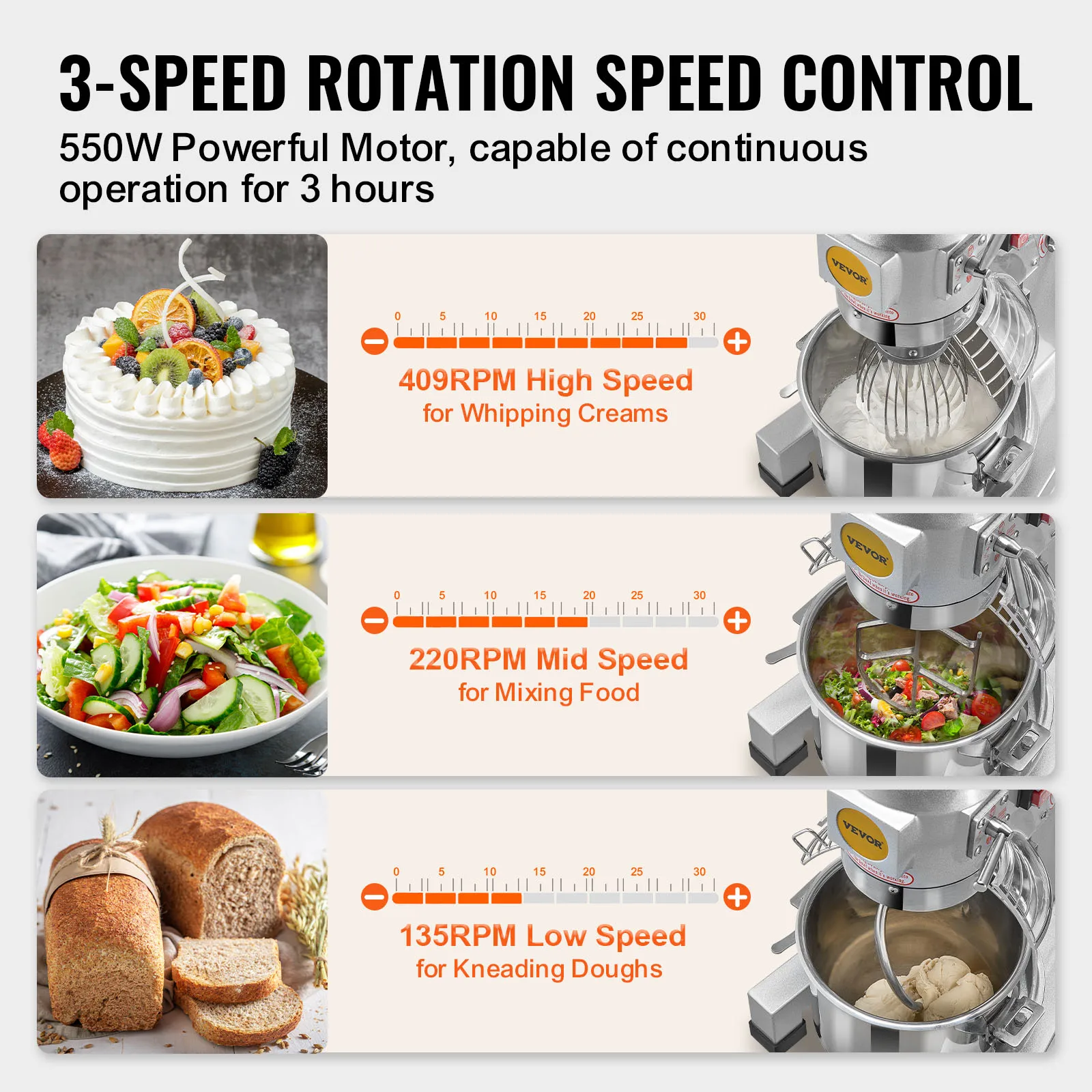 Commercial Food Mixer with Adjustable Speeds and Stainless Steel Bowl
