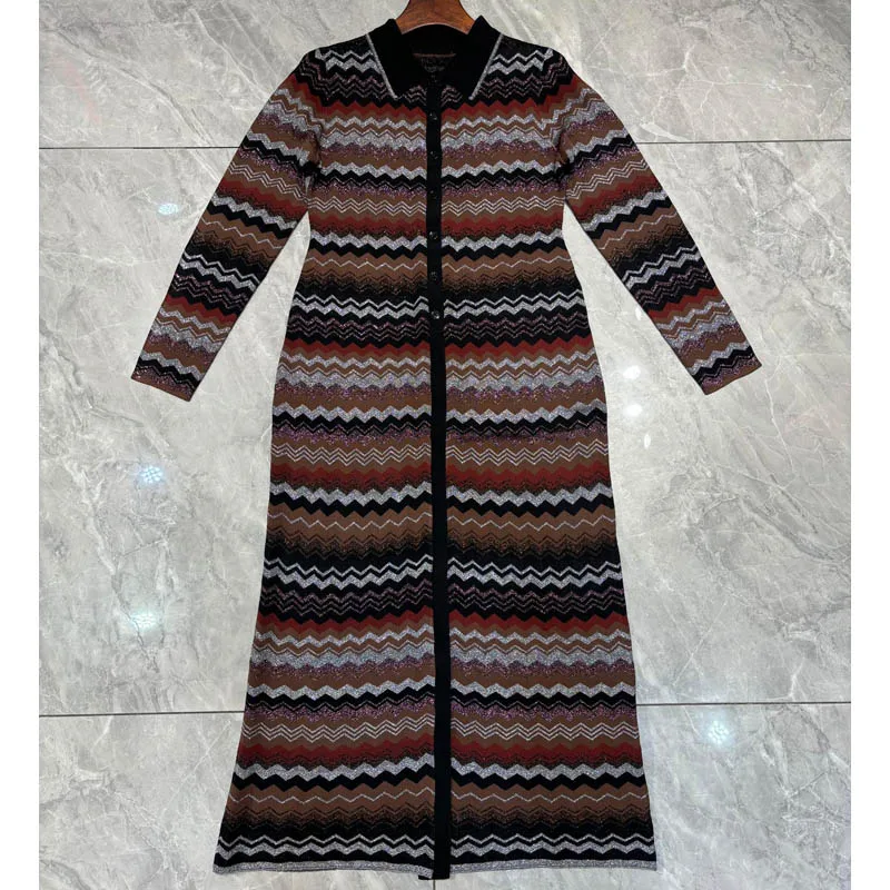 

11.18 Women Fashion Zigzag Striped Turn-Down Collar Single Breasted Long Sleeve Slim Knit Cardigan Dress
