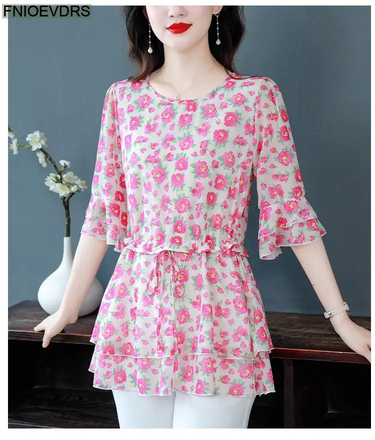 S-4XL Loose Clothes 2023 Women Summer Short Sleeve Elegant Ruffles Shirts Casual Chiffon Floral Tunic Peplum Tops And Blouses