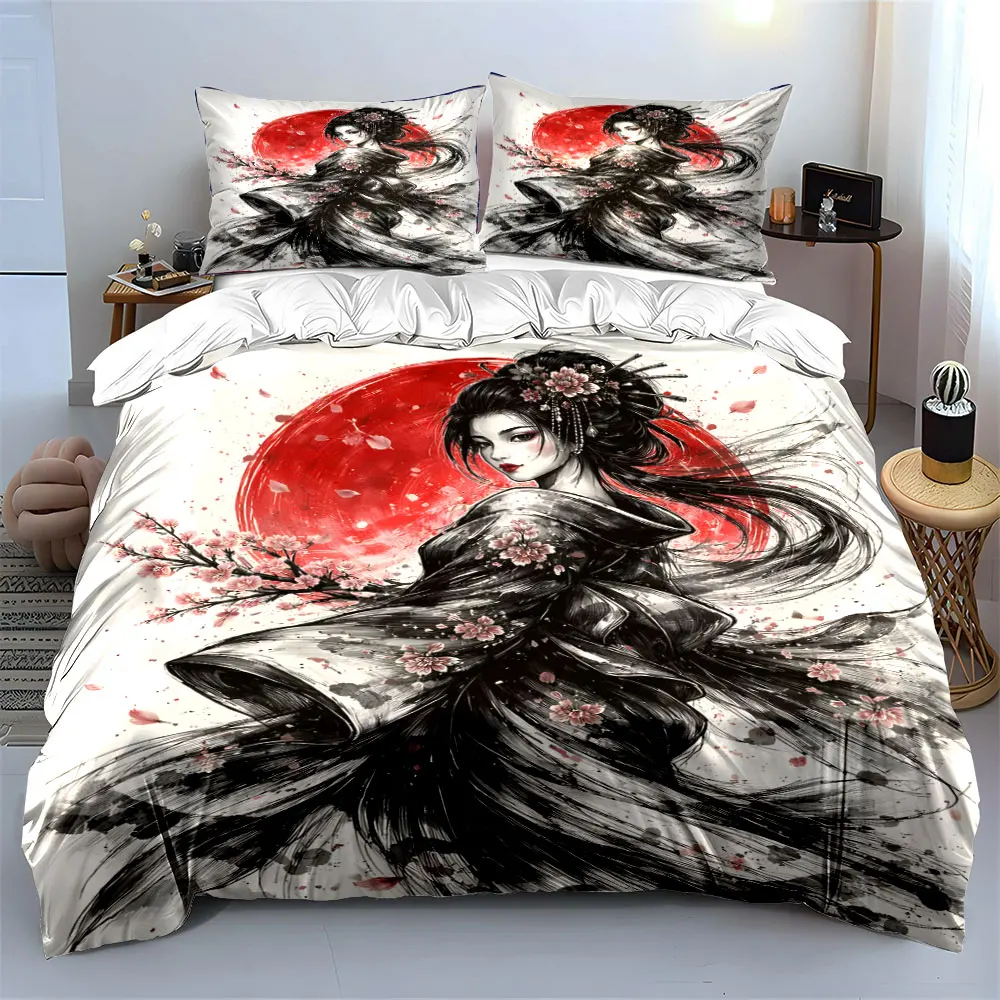 Japanese Ukiyo-e Kimono girl Bedding Set for Kids Luxury Gift 3pcs Digital Print Comforter Set Soft Comfortable Breathable 3