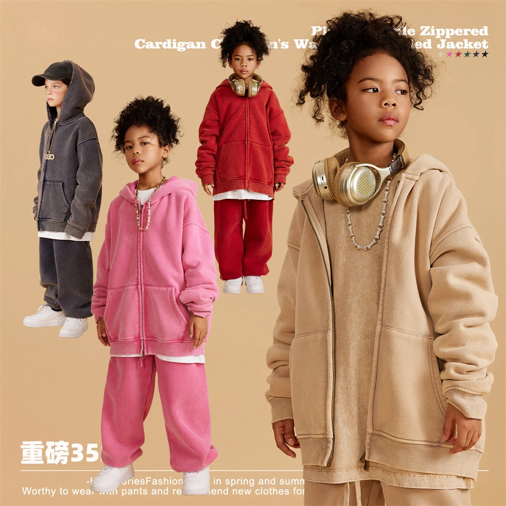 

Kids Winter Double Head Zipper Hoodies Children Retro Loose Washed 355gsm Thick Warm Hooded Sweater Coat Jacket