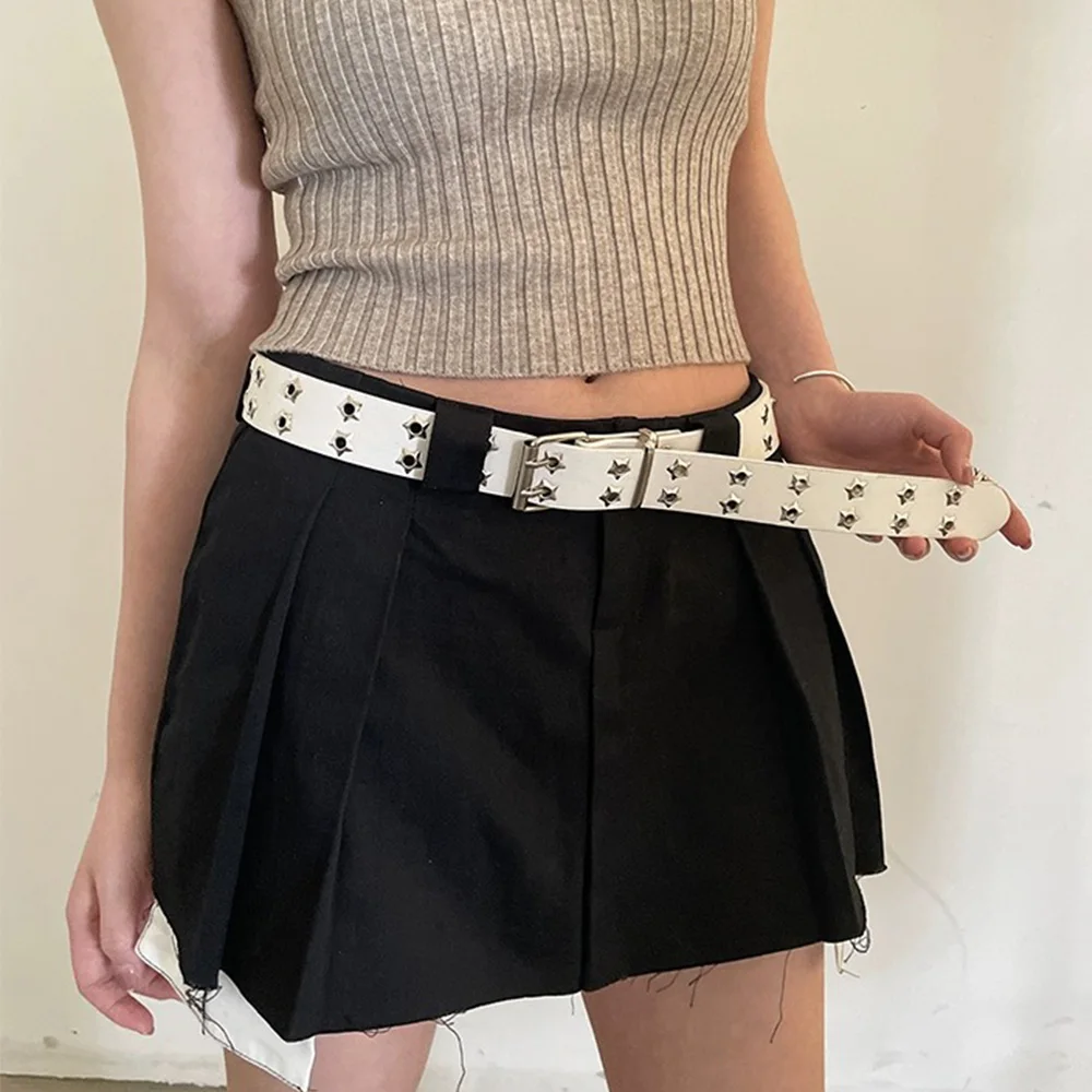 Y2K パンクリベットレザーベルト女性男性スター PU 黒、白の