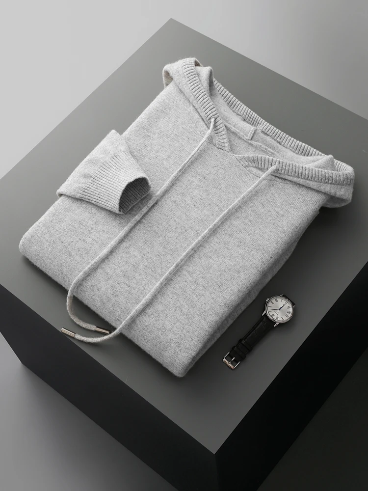 CHICUU Men Hooded Pullover Sweater Autumn Winter Thick 100% Merino Wool Knitwear Long Sleeve Casual Style Clothing Tops 4