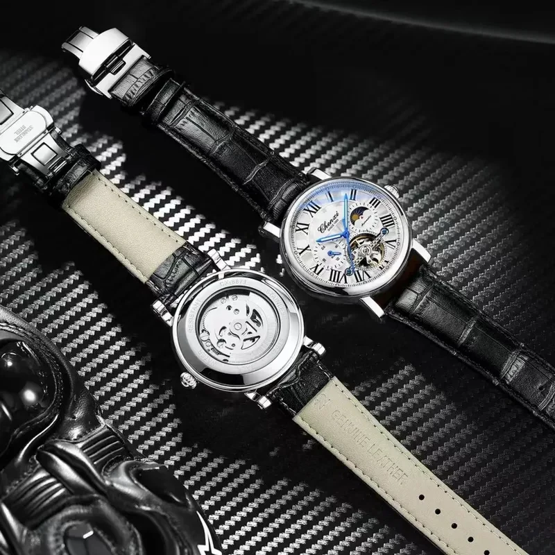 Business Fashion Men Automatic Mechanical Watch Hollow Skeleton Dial Leather Strap Waterproof Luxury Reloj Hombre Present - 3