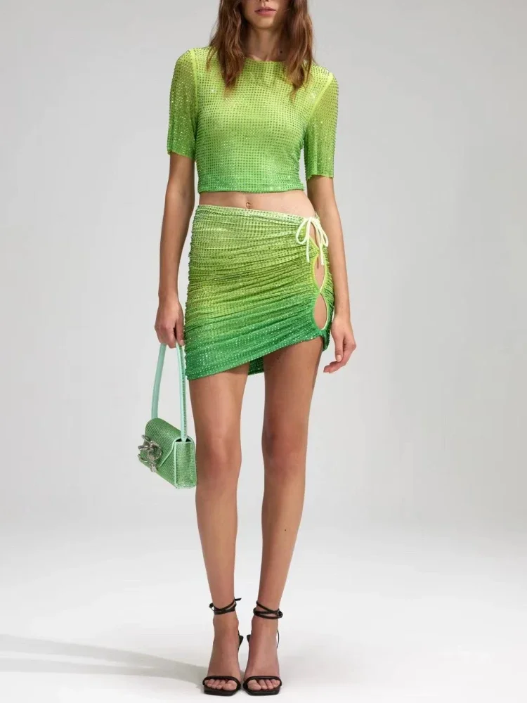 2023 High Quality Latest Spring Summer Collection Green Gradient Diamonds Shining Crop Top Side Cut Out Mini Skirt Set for Lady