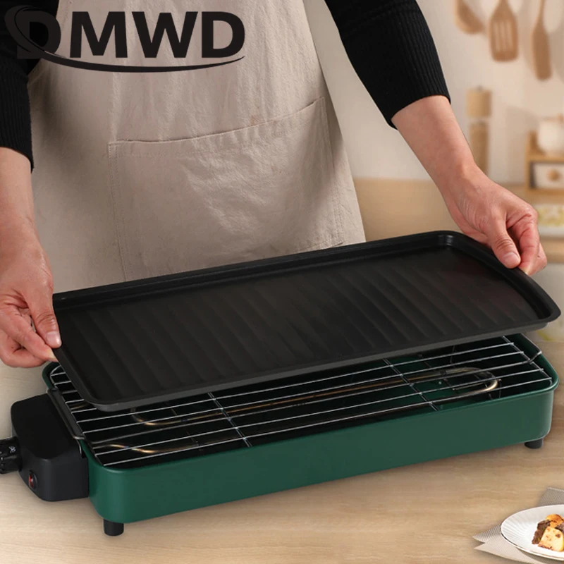 DMWD 1200W Home Electric Grill Indoor Smokeless Food Barbecue Grill Barbecue Baking Flat Pan Non-Stick BBQ Roasting Omelette Pan 2